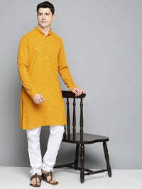 Jompers Men Floral Embroidered Chikankari Pure Cotton Kurta with Pyjamas