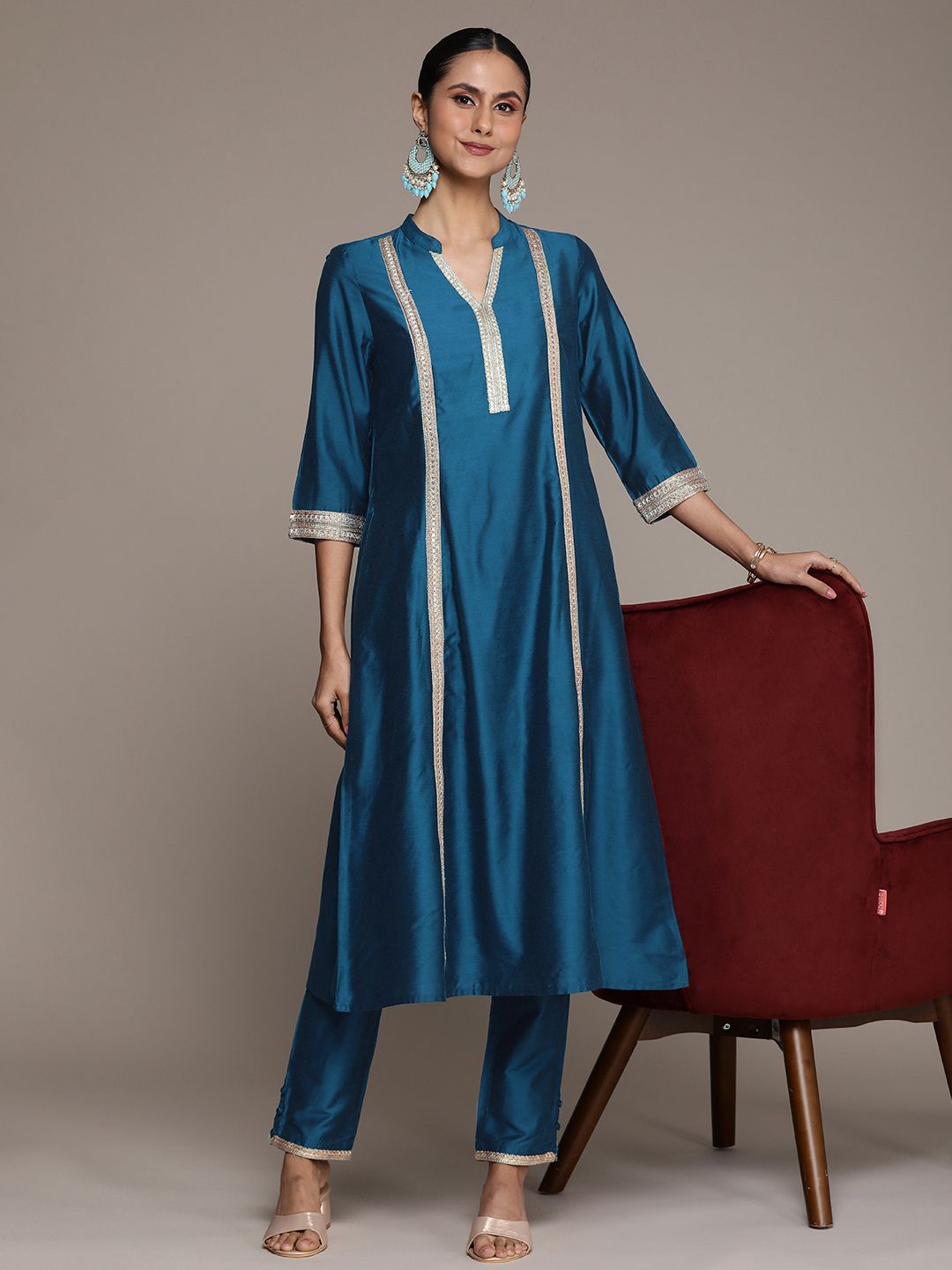 House of Pataudi Women Yoke Design Regular Gotta Patti Jashn Kurta With Trousers