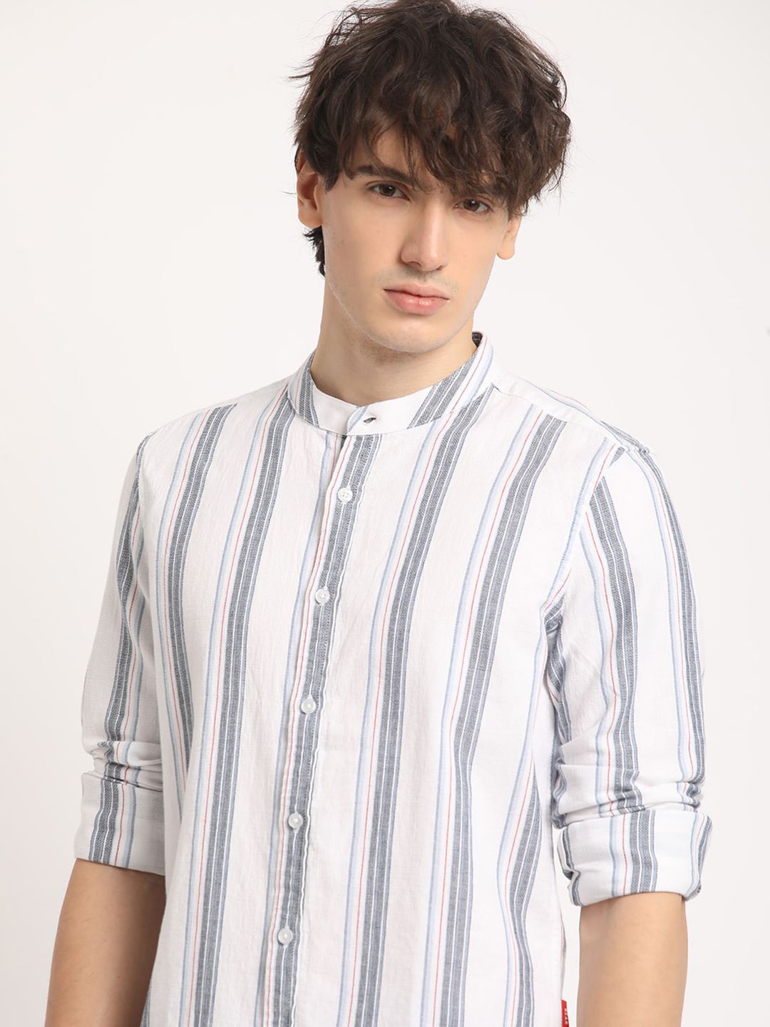 THE BEAR HOUSE Pure Cotton Striped Slim Fit Mandarin Collar Casual Shirt