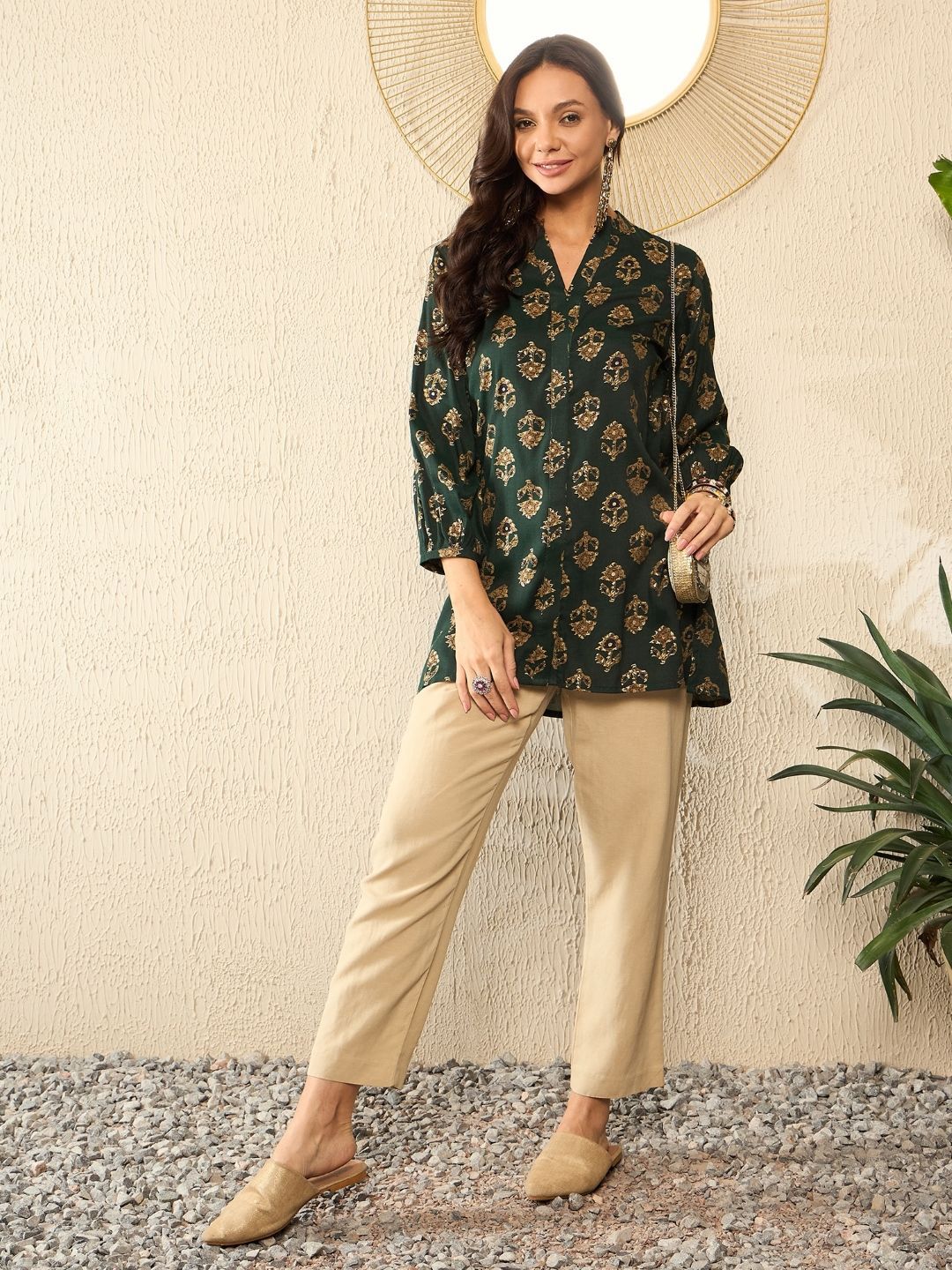 KALINI Women Ethnic Printed Mandarin Collar Regular Top