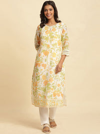 W Floral Printed Keyhole Neck Straight Kurta