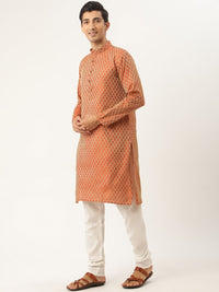 SOJANYA Men Orange Ethnic Motifs Kurta with Churidar & Nehru Jacket