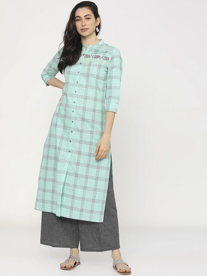 Vishudh Women Sea Green Checked Thread Work Kurta