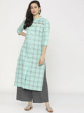 Vishudh Women Sea Green Checked Thread Work Kurta