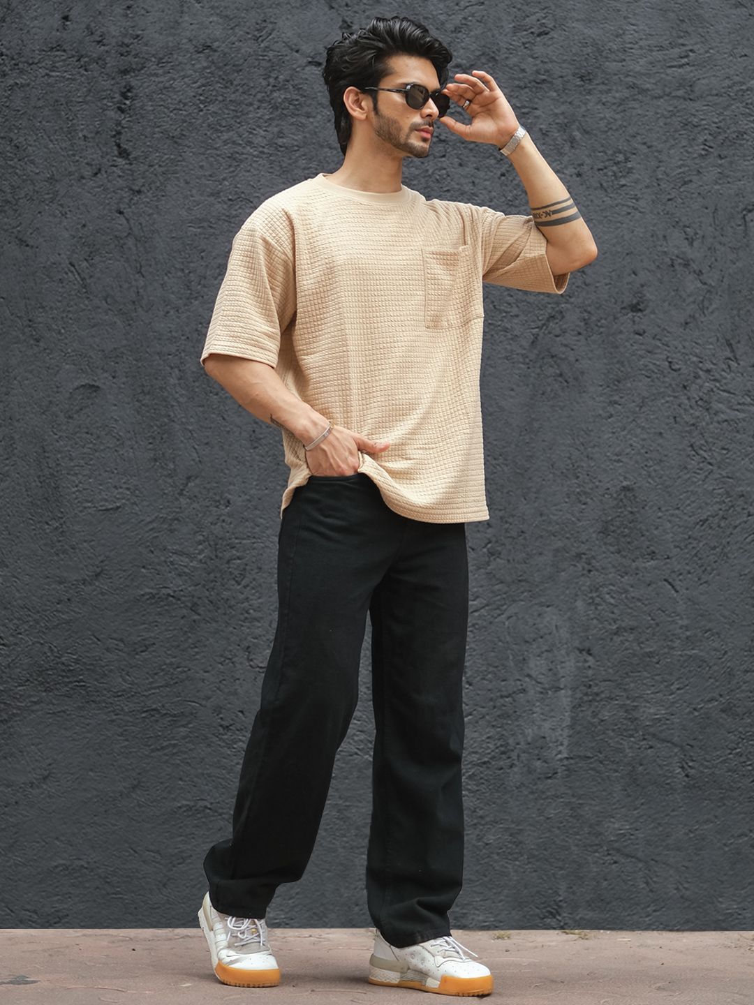 Powerlook Beige Striped Drop-Shoulder Sleeves Oversized T-shirt
