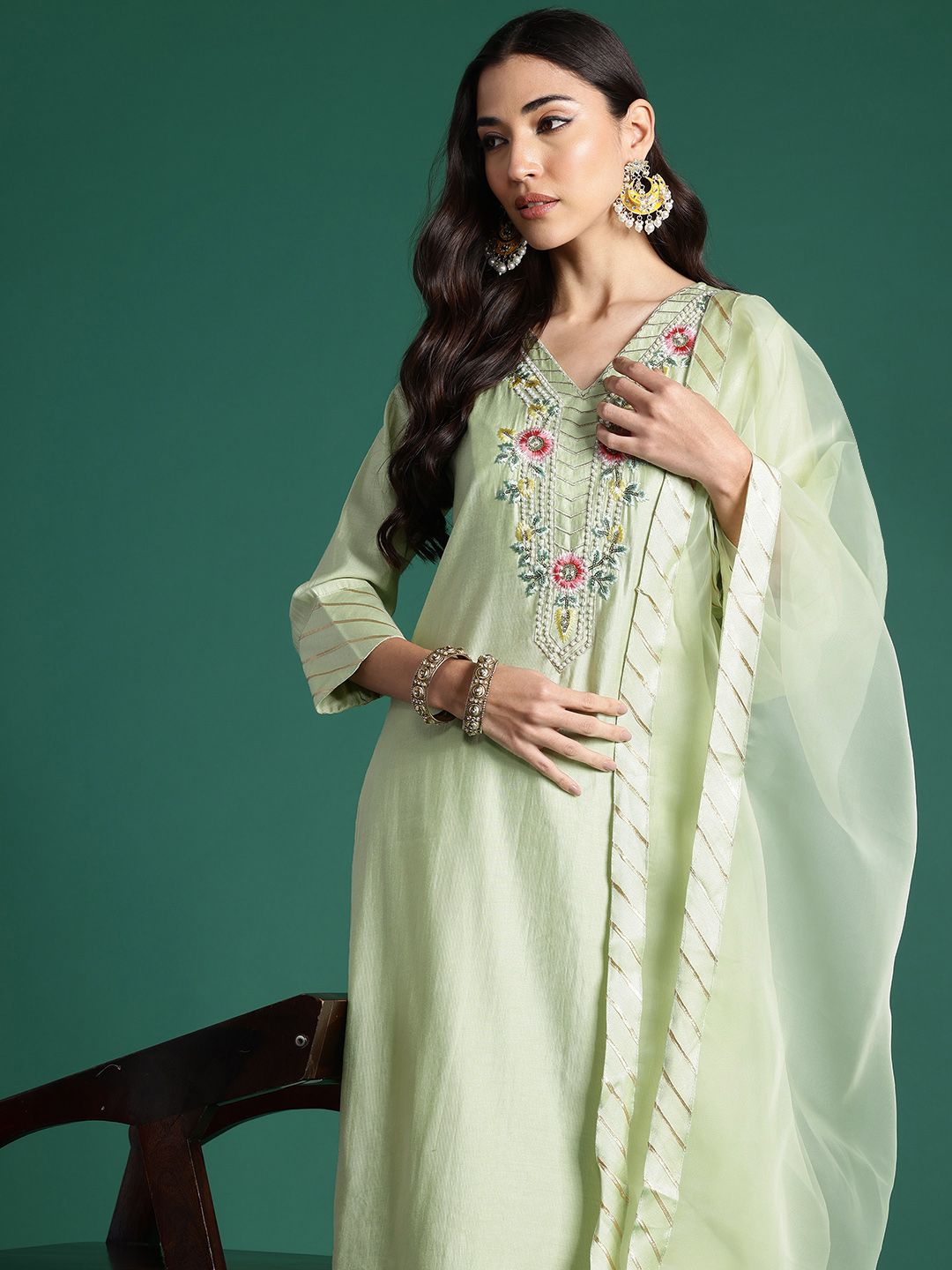 Indo Era Floral Embroidered Thread Work Kurta With Trousers & Dupatta