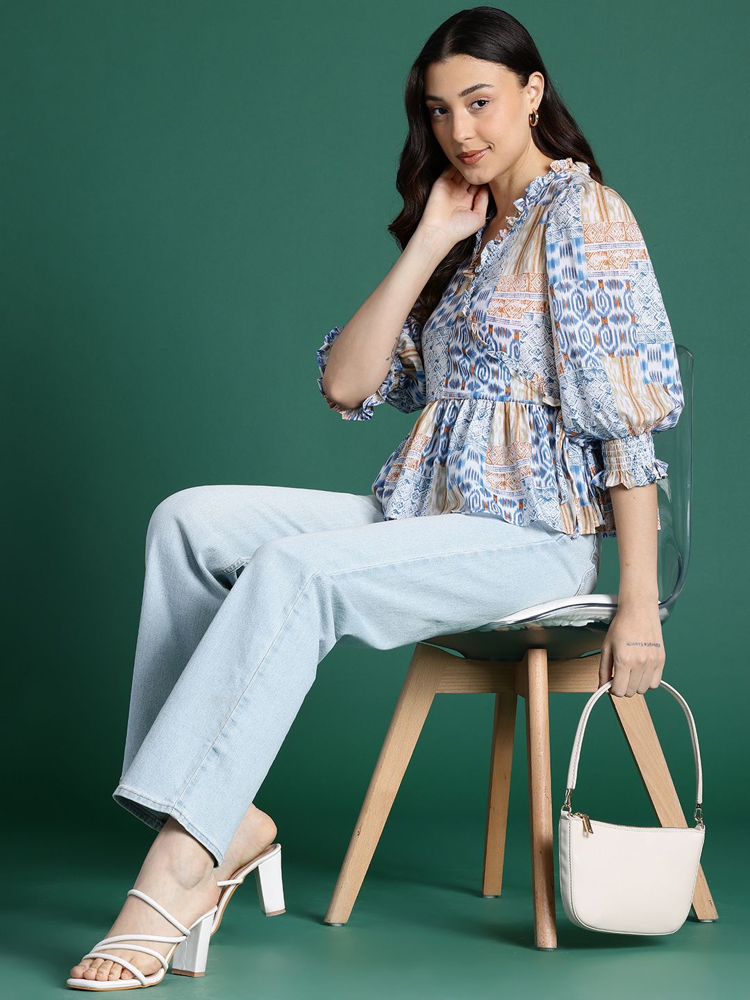 DressBerry Geometric Printed Puff Sleeves Wrap Top