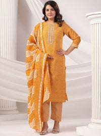 Indo Era Women Bandhani Printed Regular Mirror Work Kurta Trousers With Dupatta