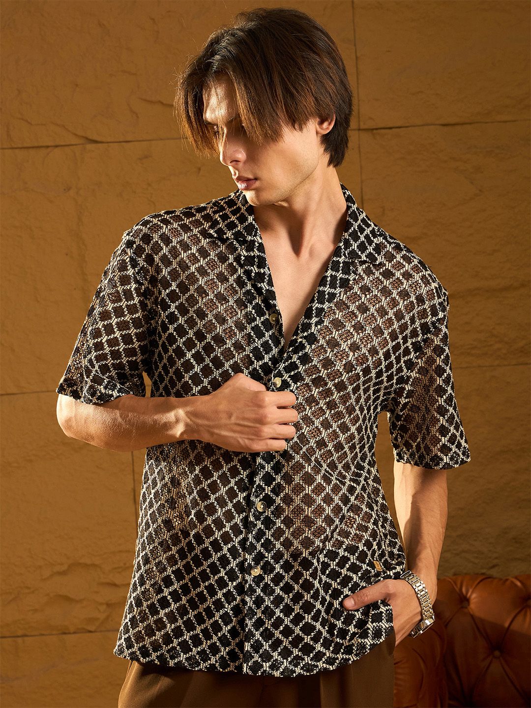 DENNISON Drop Shoulder Textured Oversized Crochet Shirt
