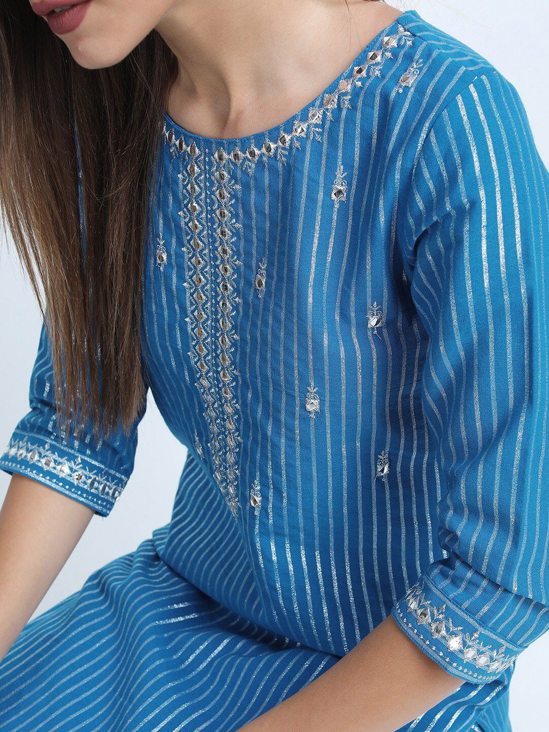 Vishudh Women Blue Striped Thread Work Pure Cotton Kurta with Trousers