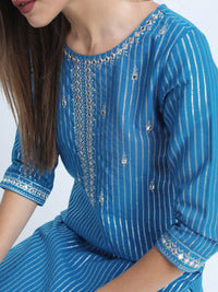 Vishudh Women Blue Striped Thread Work Pure Cotton Kurta with Trousers