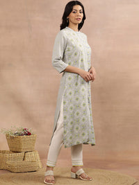 W Grey Geometric Printed Mandarin Collar Straight Kurta with Trousers