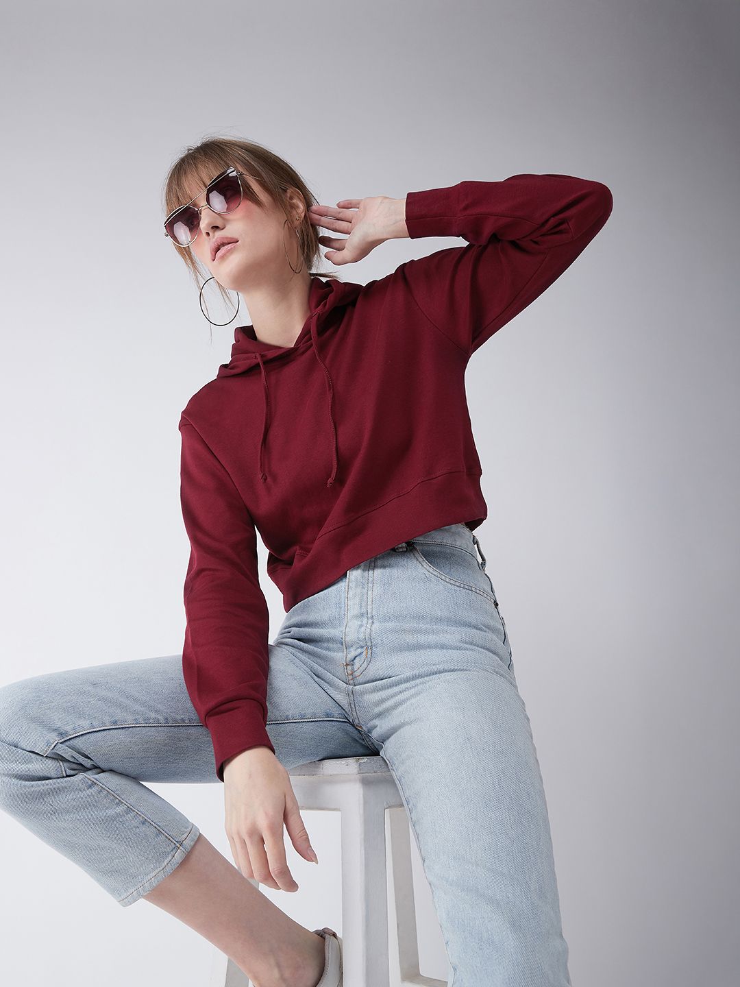 Miss Chase Women Maroon Solid Hooded Cropped Boxy Sweatshirt