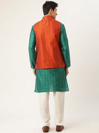 SOJANYA Men Green & Orange Ethnic Motifs Woven Design Kurta with Churidar & Nehru Jacket