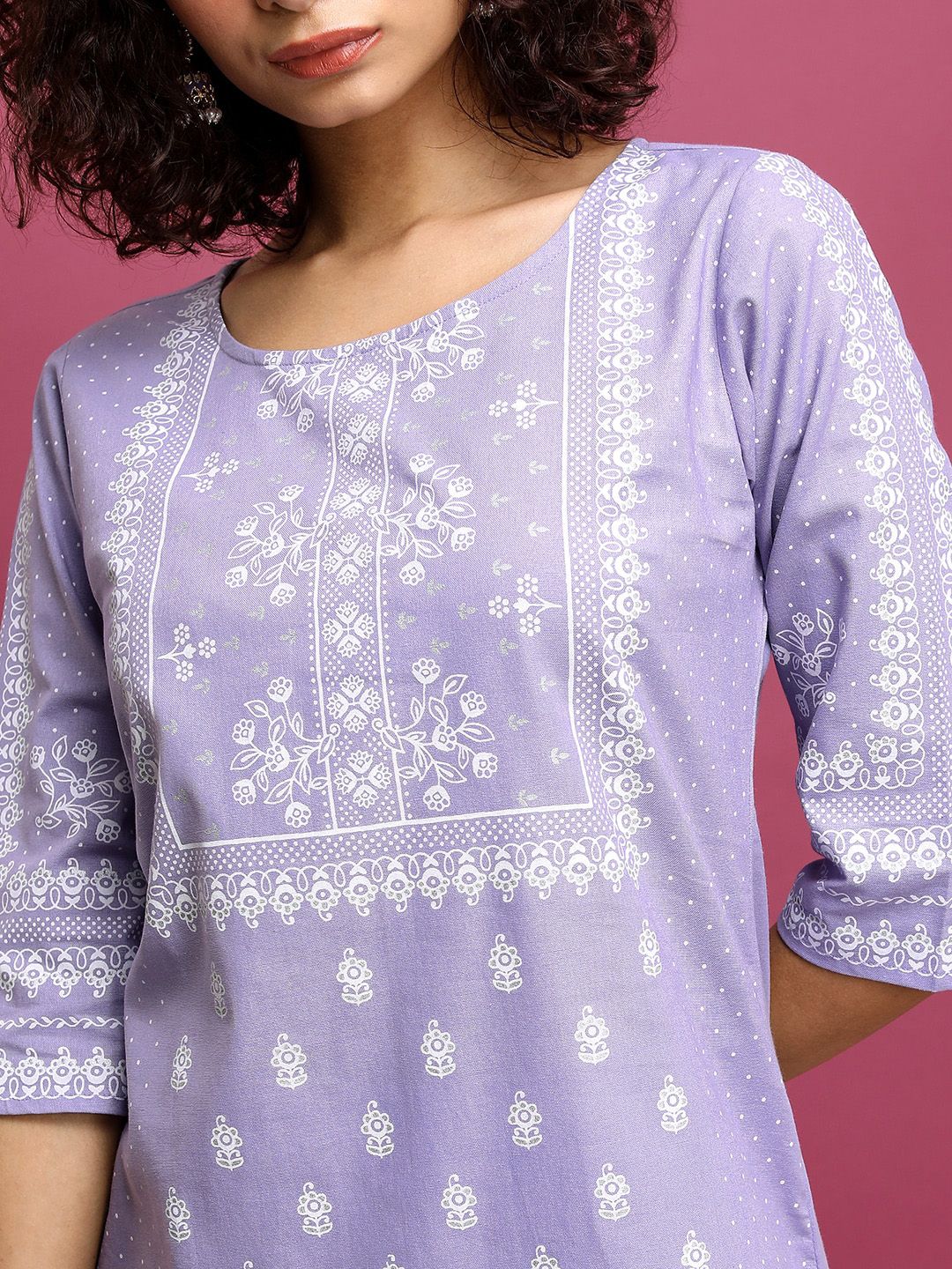 Vishudh Lavender Motif Etnik Bercetak Leher Bulat Kurta Tulen Kapas &amp; Skirt