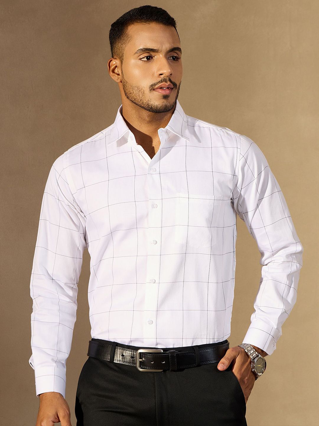 DENNISON Men Windowpane Checked Spread Collar Smart Formal Shirt