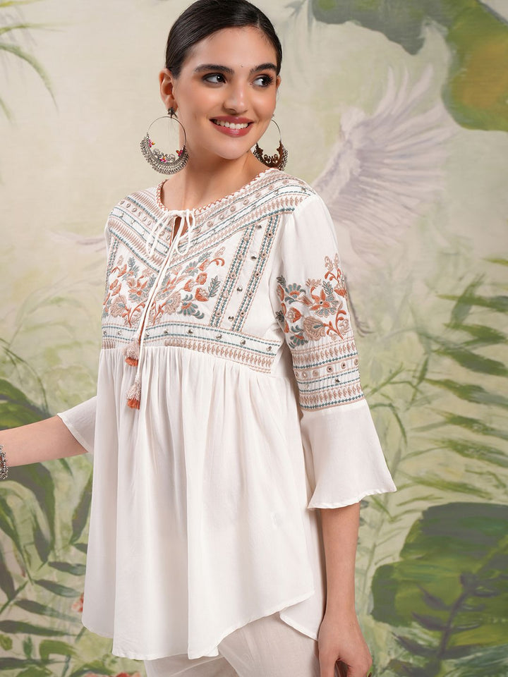 Vishudh White Floral Embroidered Tie-Up Neck Flared Sleeves Short A-Line Top