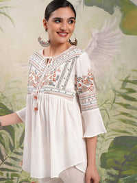 Vishudh White Floral Embroidered Tie-Up Neck Flared Sleeves Short A-Line Top