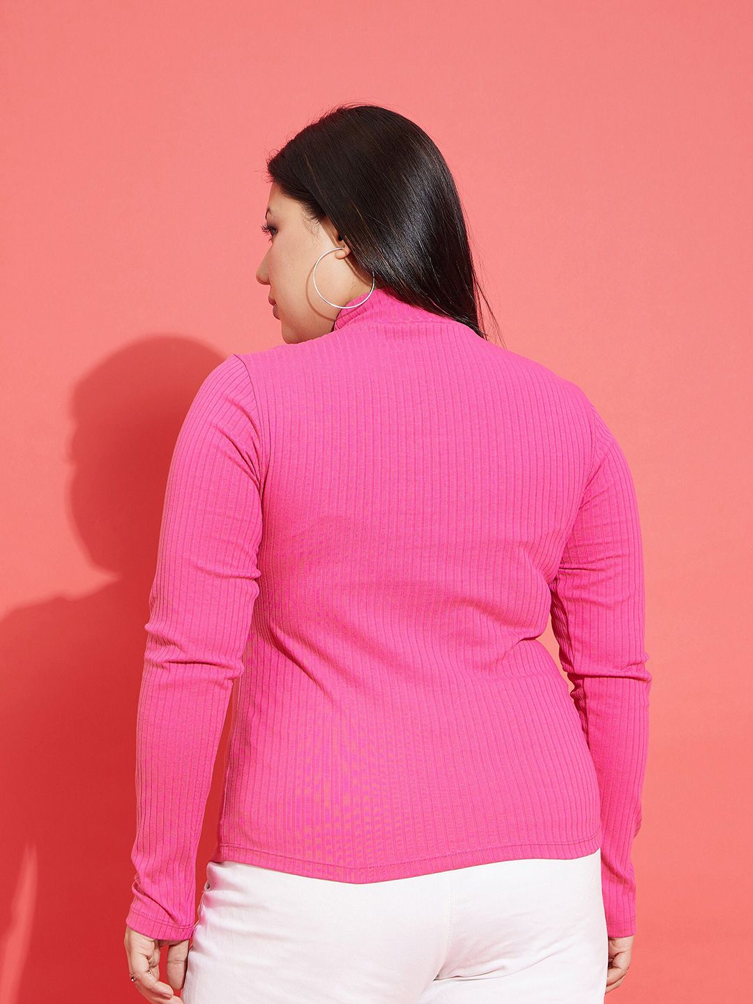SASSAFRAS Curve Pink Ribbed High Neck Top