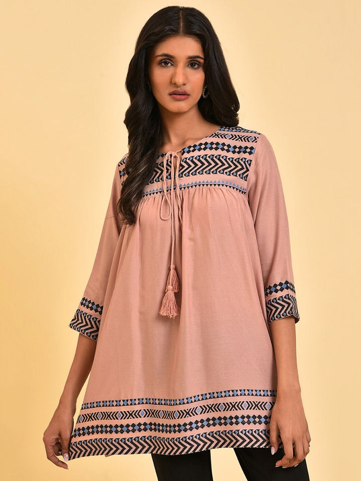 W Pink Geometric Embroidered Tie-Up Neck Tunic