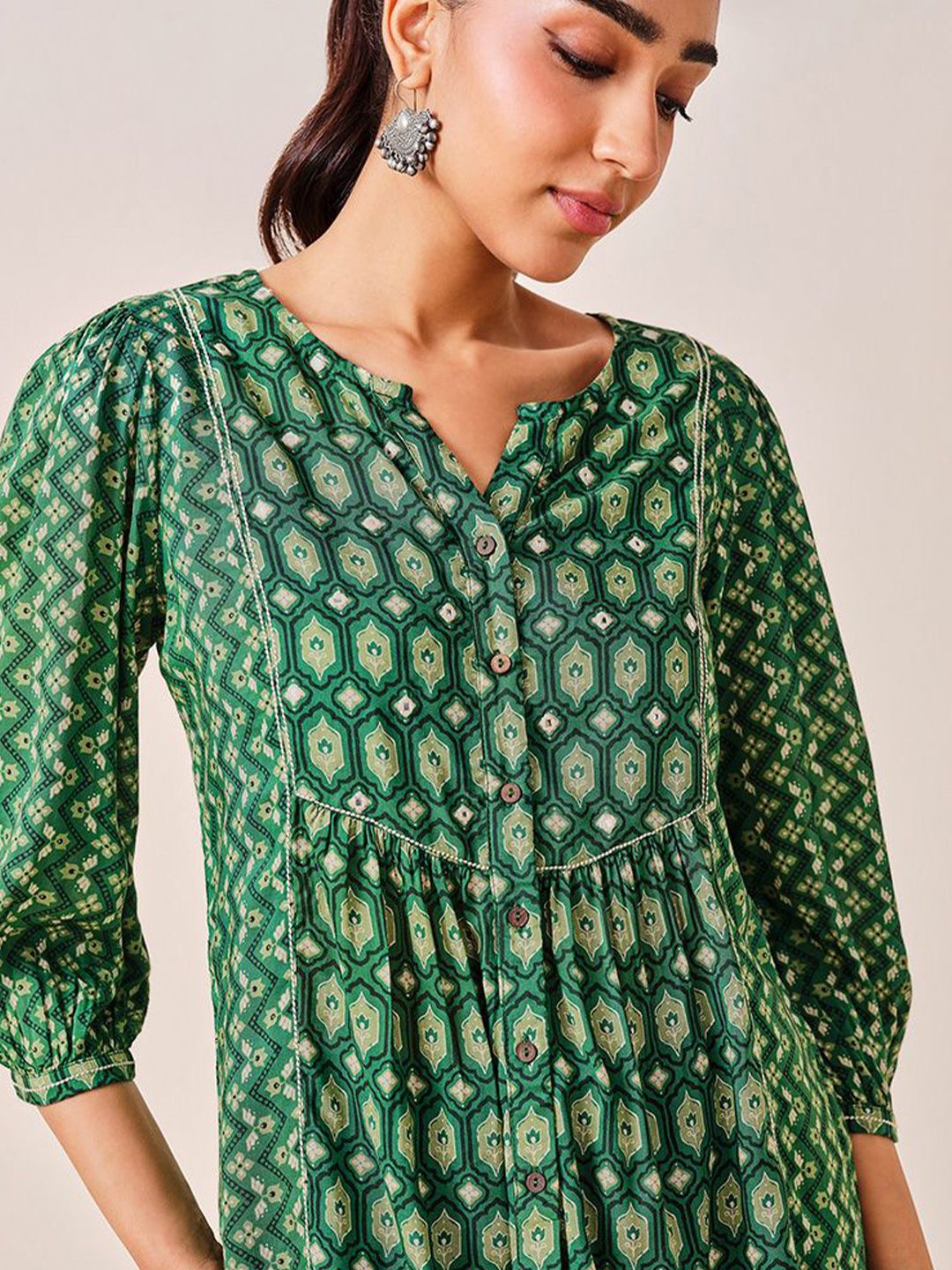 Global Desi Women Ethnic Motifs Print Mandarin Collar Puff Sleeve High-Low Top