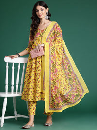 Indo Era Floral Printed Empire Gotta Patti Pure Cotton Kurta With Trousers & Dupatta
