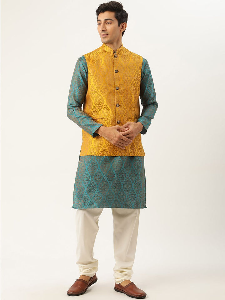 SOJANYA Lelaki Kurta Motif Etnik Biru Teal & Kuning Mustard dengan Jaket Churidar & Nehru