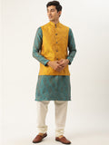 SOJANYA Lelaki Kurta Motif Etnik Biru Teal & Kuning Mustard dengan Jaket Churidar & Nehru