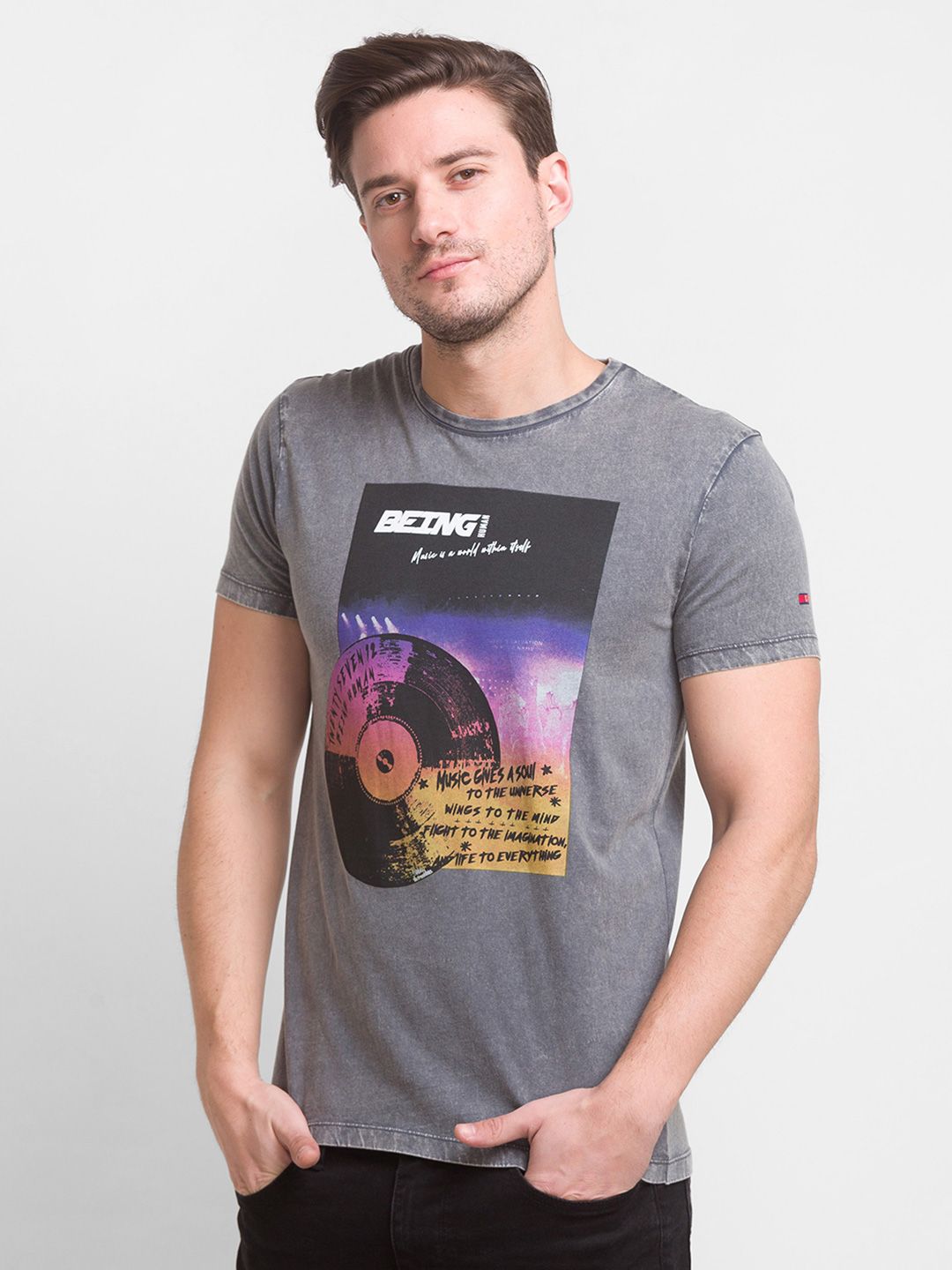 Being Human Men Charcoal Printed Cotton T-shirt