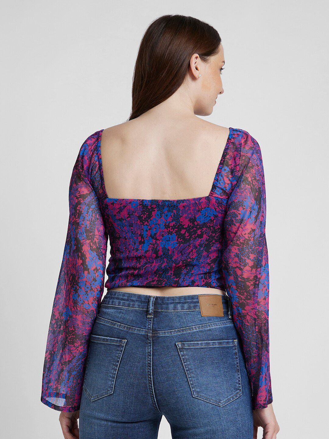 SPYKAR Abstract Printed Sweetheart Neck Bell Sleeves Cotton Crop Top