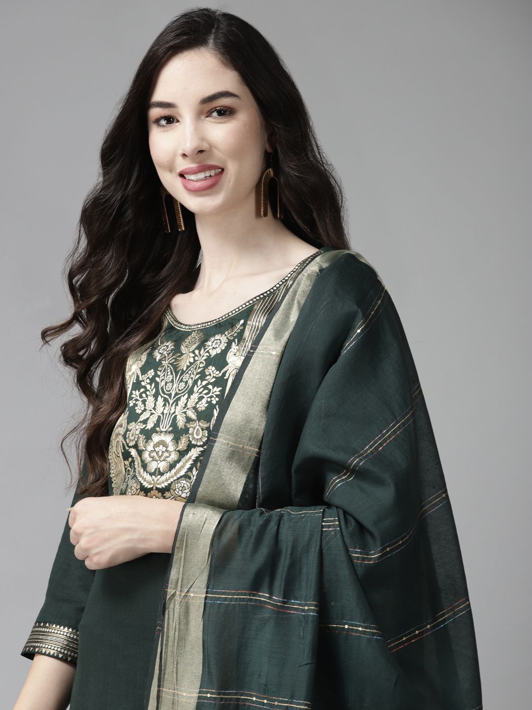 Indo Era Women Green Yoke Design Regular Kurta with Palazzos & Dupatta