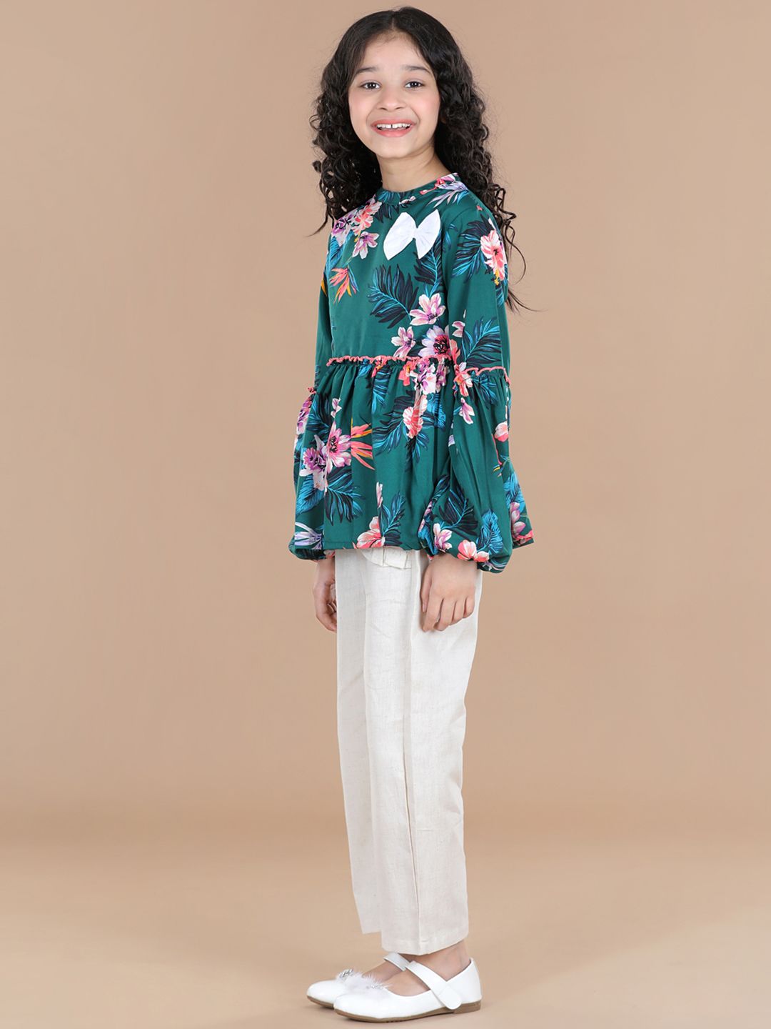 Cutiekins Girls Teal & Off White Floral Top with Palazzos