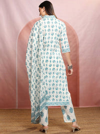 Vishudh White & Green Floral Printed Regular Pure Cotton Kurta with Trousers & Dupatta