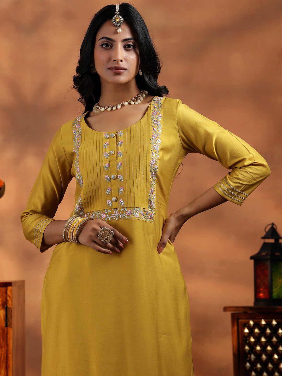 Libas Women Floral Yoke Design Regular Thread Work Kurta with Trousers & With Dupatta