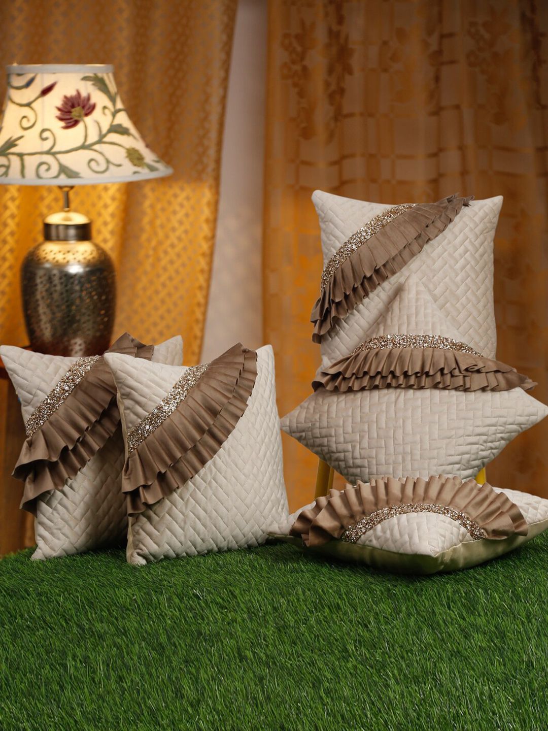 HOSTA HOMES Beige & Brown 5 Pieces Geometric Square Cushion Covers