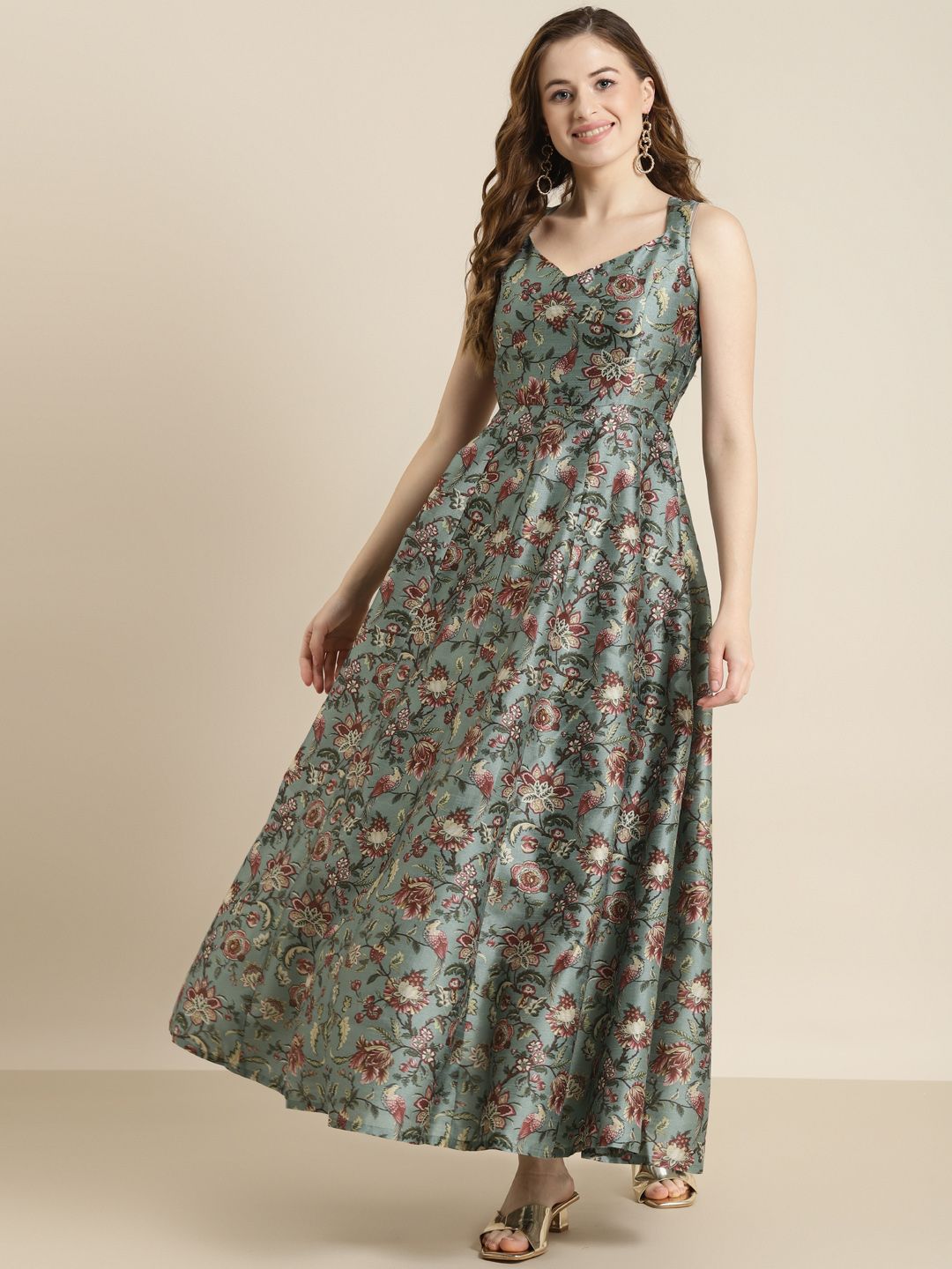 Shae by SASSAFRAS Olive Green & Maroon Floral Maxi Dress