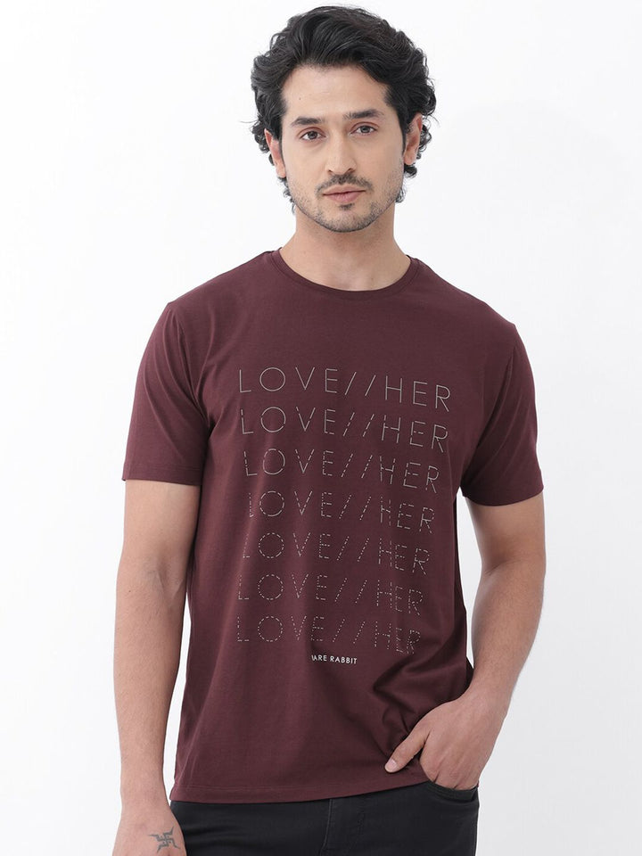 RARE RABBIT Men Love Her Skinny Fit Typography Printed Cotton T-Shirt