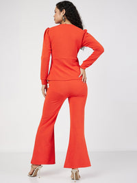SASSAFRAS Self Design V-Neck Puff Sleeves Peplum Top With Trousers