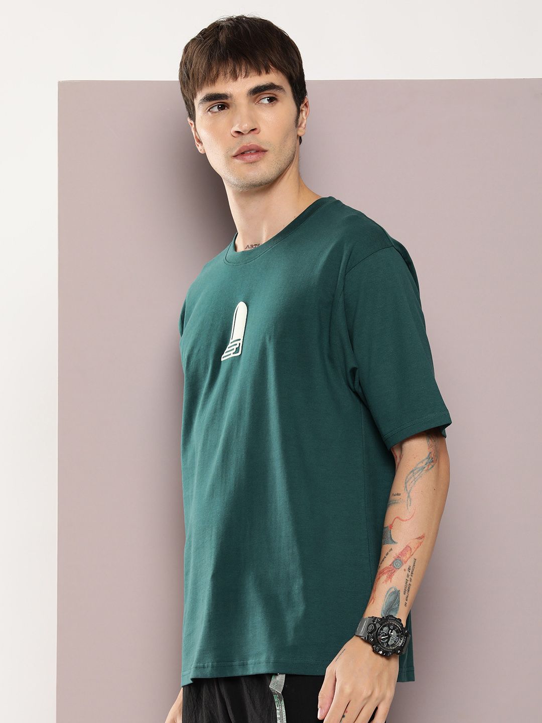DILLINGER Men Graphic Printed Embossed Oversized Drop-Shoulder Sleeves Pure Cotton T-shirt