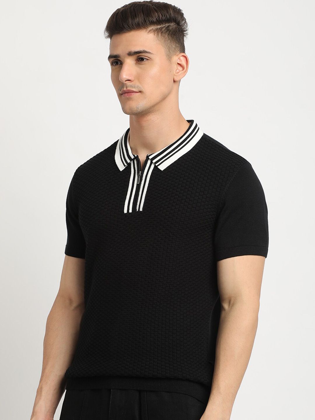 THE BEAR HOUSE Self Design Polo Collar Cotton T-shirt