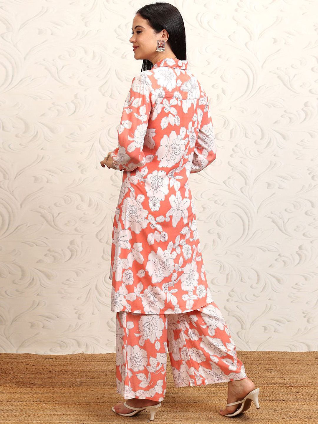 Vishudh Coral Pink Floral Printed Pure Cotton Longline Shirt With Palazzos