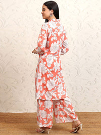 Vishudh Coral Pink Floral Printed Pure Cotton Longline Shirt With Palazzos