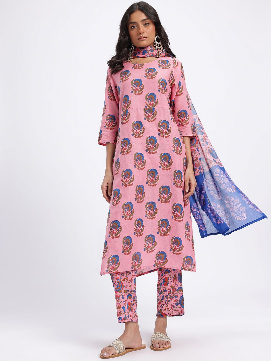 Anouk Floral Printed Pure Cotton Kurta with Trousers & Dupatta