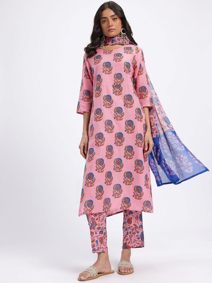 Anouk Floral Printed Pure Cotton Kurta with Trousers & Dupatta