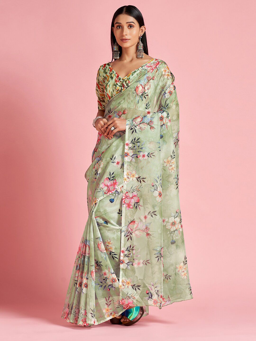 Saree mall Green & Pink Floral Printed Organza Sarees