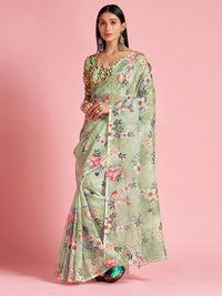 Saree mall Green & Pink Floral Printed Organza Sarees