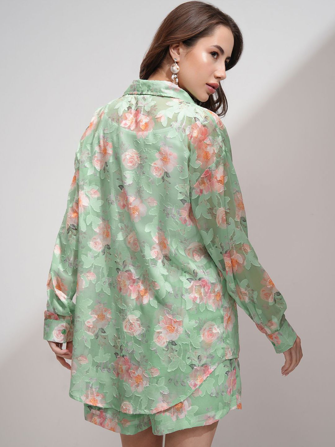Tokyo Talkies Women Textured re Jacquard Shirt Shorts Co-Ord Set