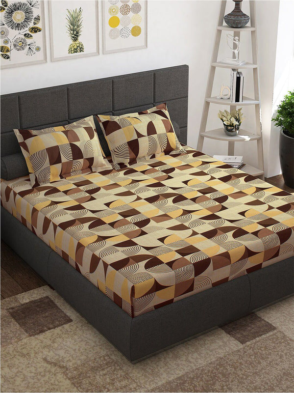 Story@home Brown Yellow Geometric Cotton 144 TC Queen Bedsheet With 2 Pillow Covers
