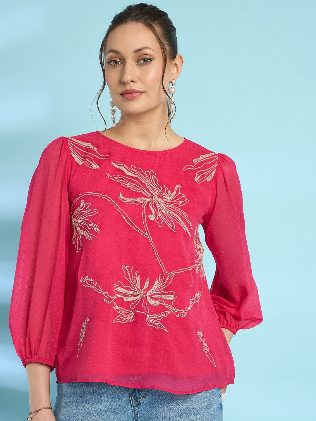 Antheaa Floral Embroidered Chiffon Top