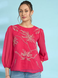 Antheaa Floral Embroidered Chiffon Top